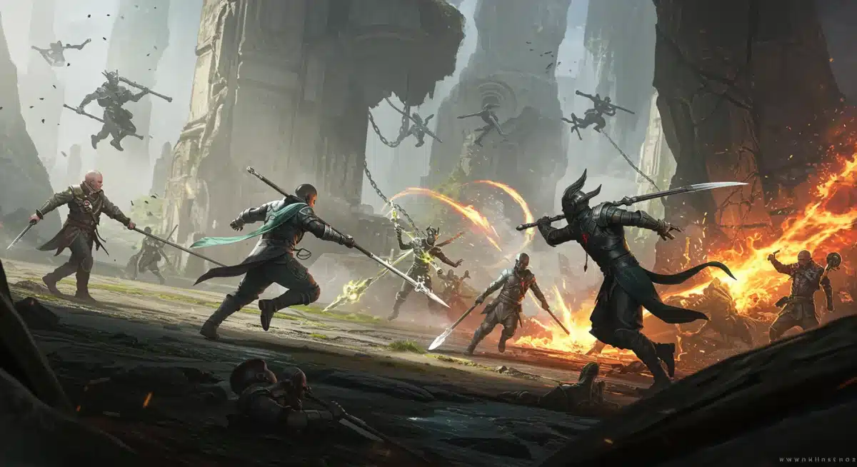 Dynamic in-game battle scene concept art from an anticipated 2026 title