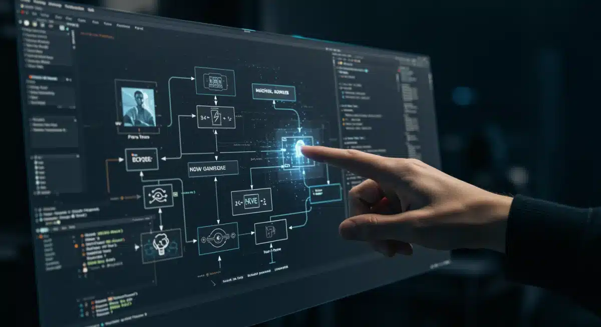 Game developer designing complex gameplay mechanics on a digital screen
