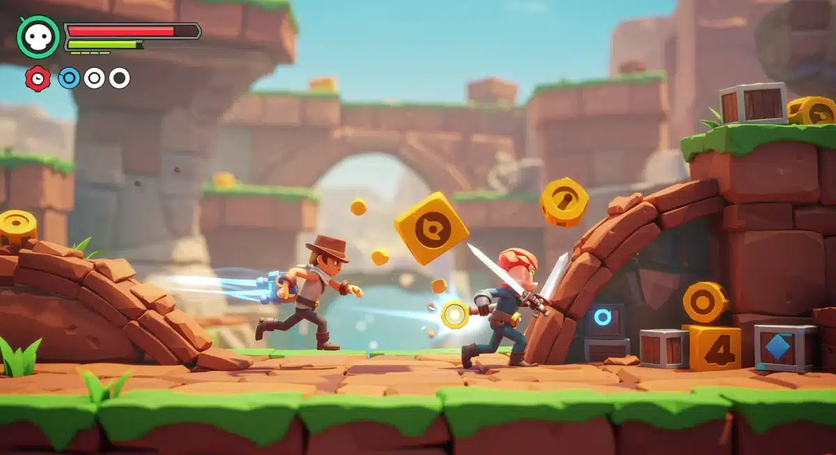 Vibrant 3D indie game screenshot with stylized characters engaged in dynamic action.