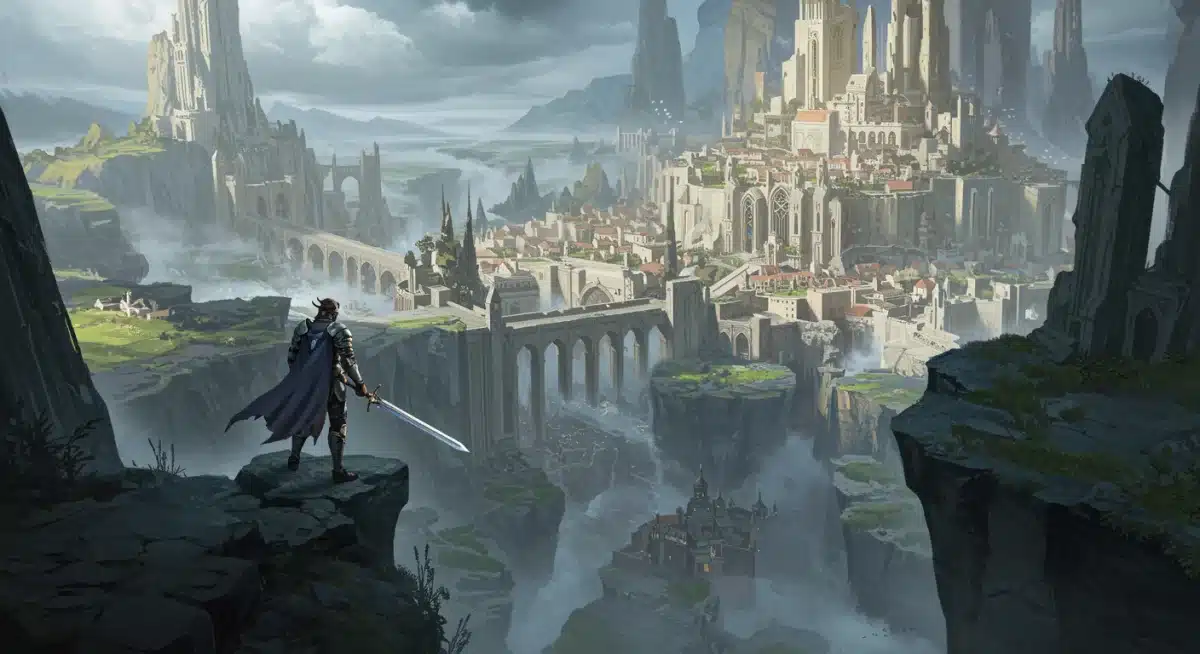 Concept art of Eldoria Chronicles' expansive open world, featuring a detailed city and a character ready for adventure.