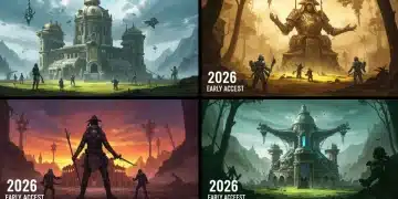 Captivating concept art collage for four upcoming 2026 early access game previews.