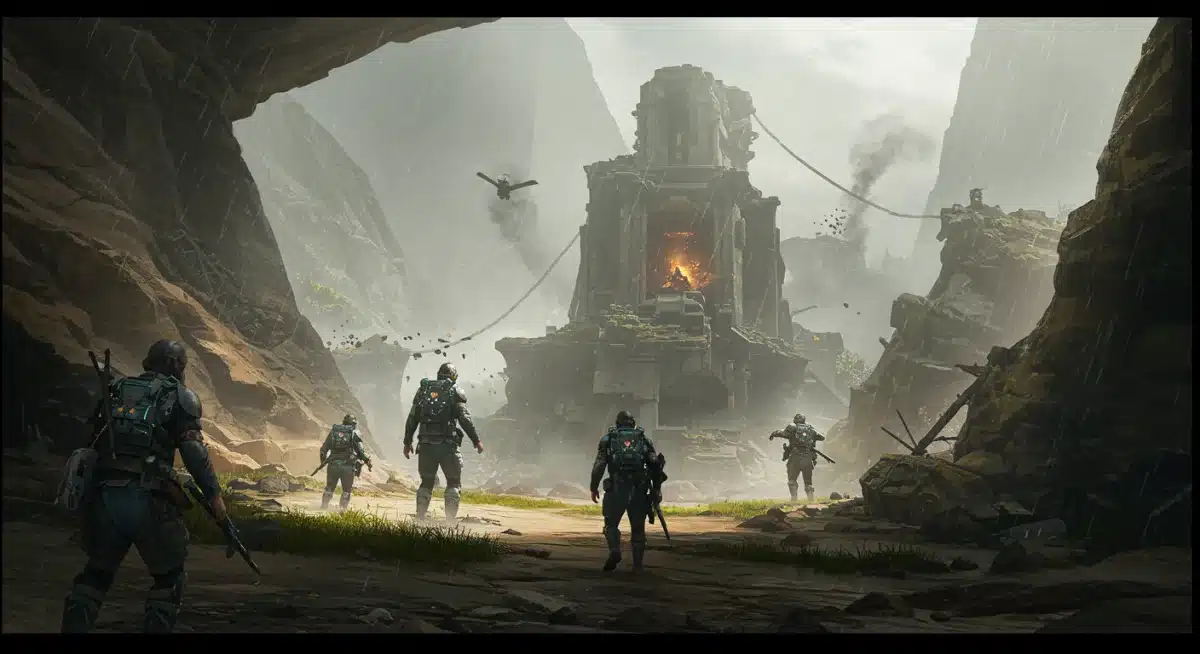 Dynamic open-world environment with interactive elements and adaptive AI.