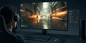 Gamer immersed in a futuristic next-gen game, highlighting advanced graphics and technology.