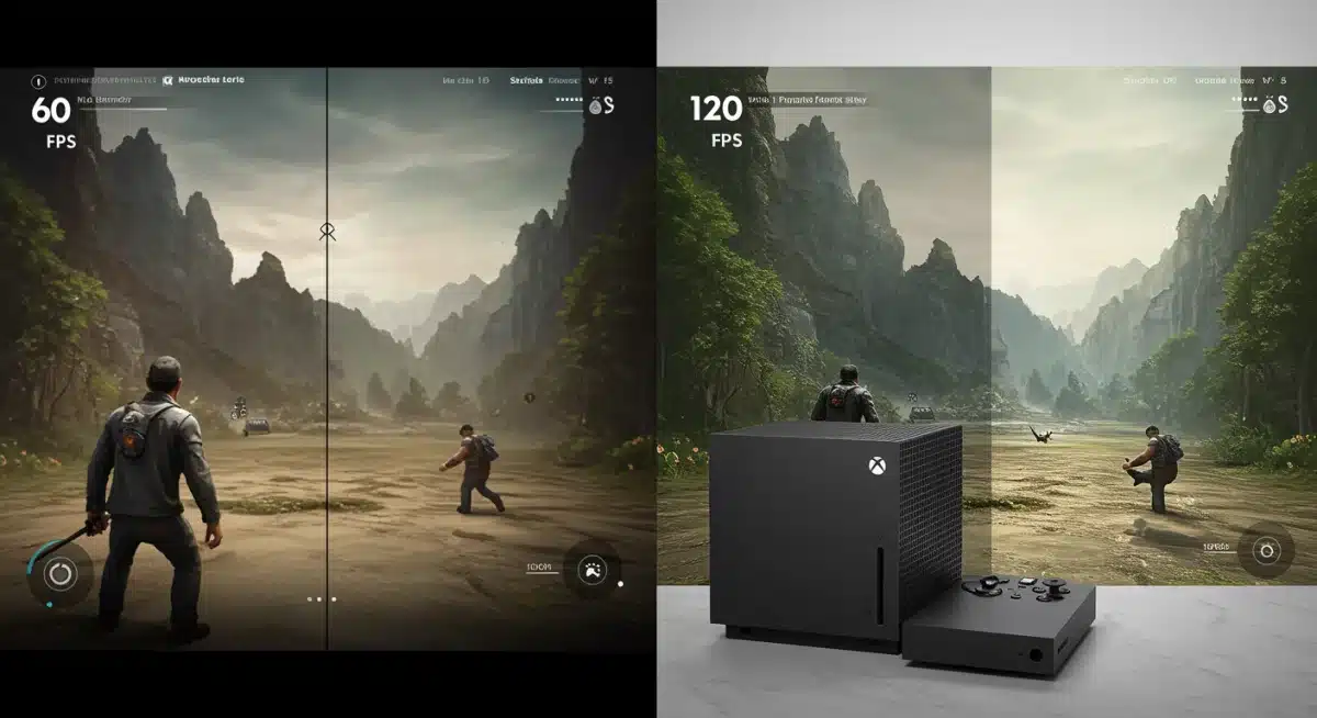 Split screen showing 60 FPS vs 120 FPS gameplay, demonstrating Xbox Series X/S performance improvement.