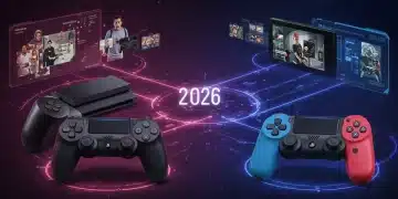 Futuristic console controllers interconnected, representing seamless cross-play in 2026 across gaming platforms.