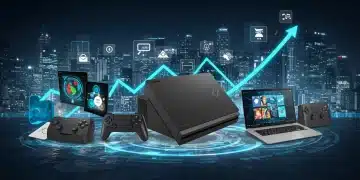 Digital gaming consoles with financial charts and digital icons, representing market trends and future growth.