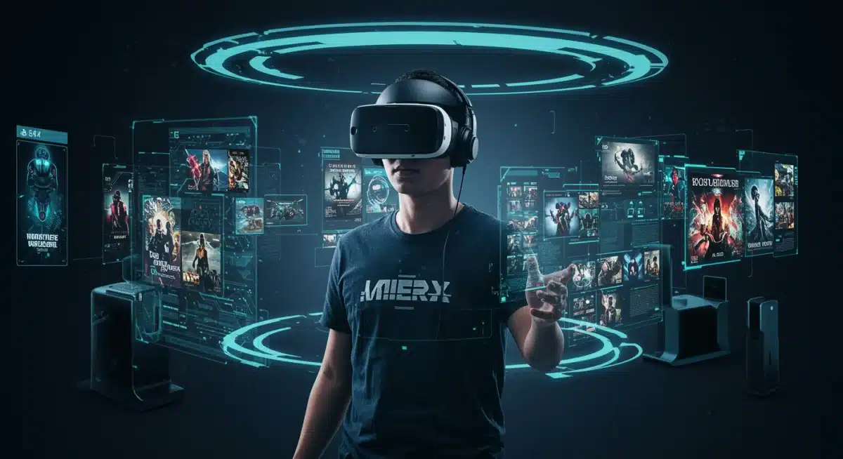 Gamer experiencing virtual reality with holographic displays of future games and console features.
