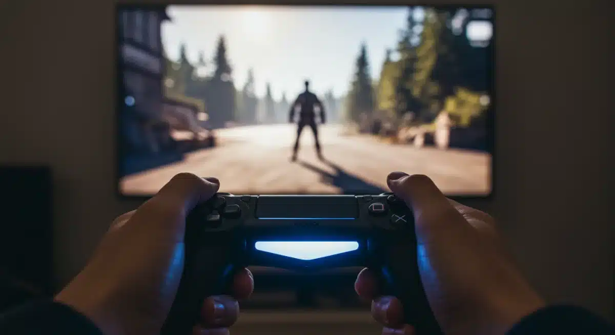 Gamer holding controller, blurred screen showing smooth 120 FPS gameplay from Xbox Series X/S software tweaks.