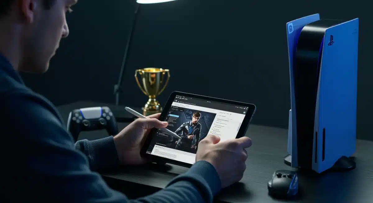 Gamer researching PS5 trophy strategies on tablet