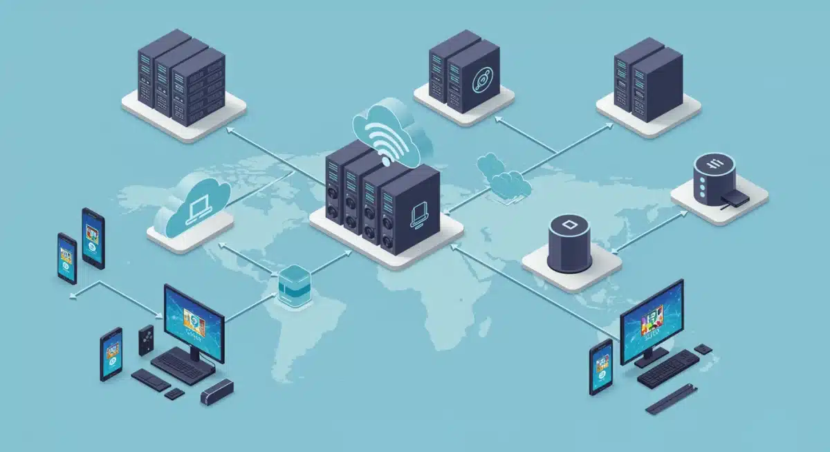 Cloud gaming network infrastructure diagram, illustrating data flow and connectivity to various gaming devices.
