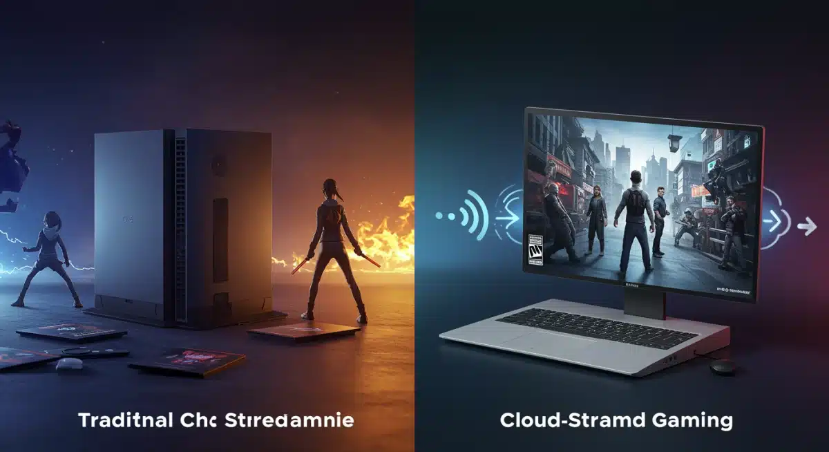Comparison of traditional console gaming versus cloud streamed gaming, emphasizing instant play.