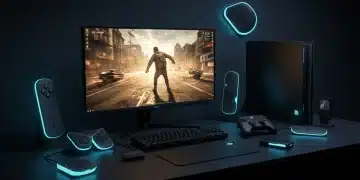 Futuristic console gaming setup with glowing accessories and immersive display