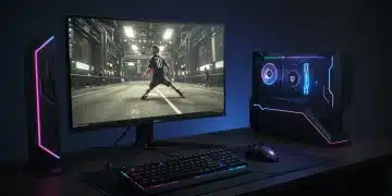 Futuristic PC gaming setup with a high refresh rate monitor, showcasing competitive esports.