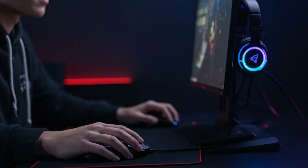 Gamer using an ergonomic gaming mouse and headset for competitive play