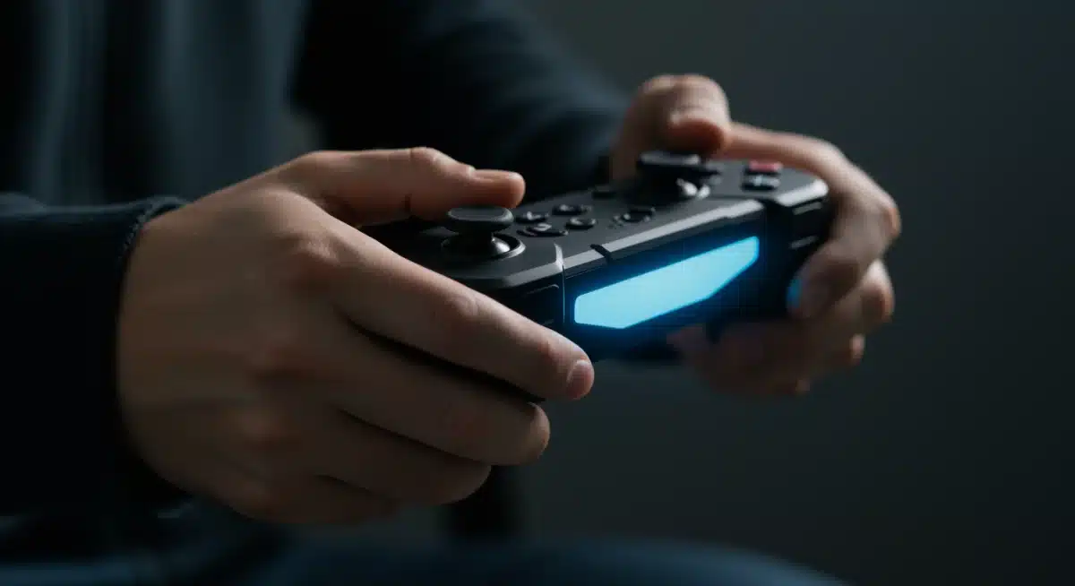 Gamer's hands using advanced haptic feedback controller for enhanced immersion