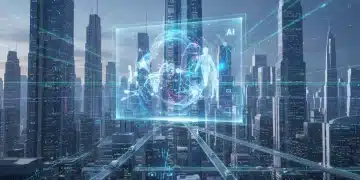 Futuristic cityscape with AI and human collaboration in content creation.