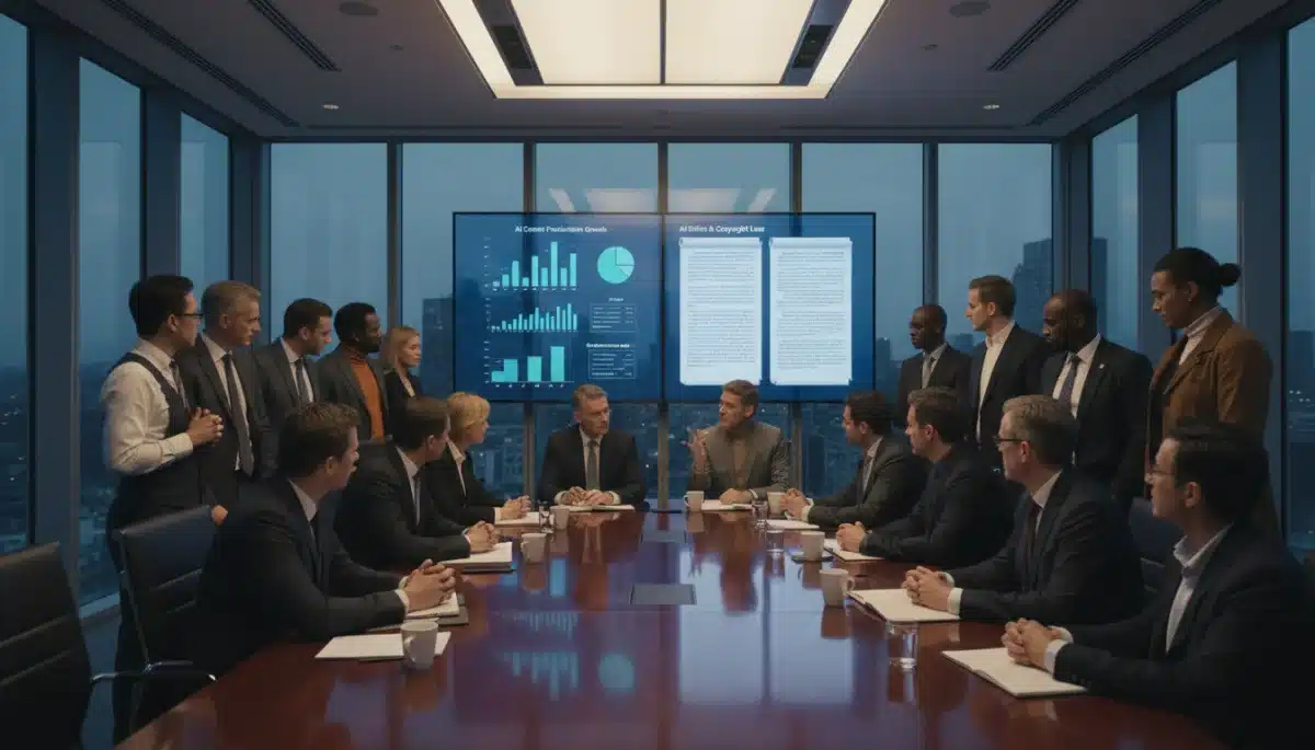 Executives and creatives discussing AI ethical guidelines in a conference.