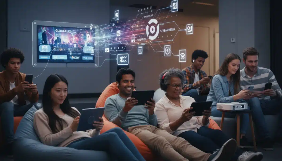 Diverse viewers on multiple devices, depicting evolving content consumption post-mergers.