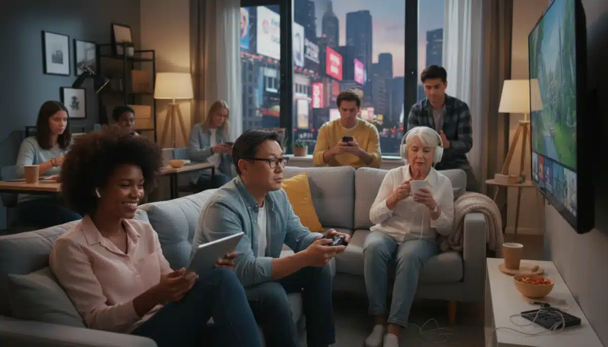 Diverse individuals engaging with various forms of digital entertainment, reflecting broad consumer adoption.