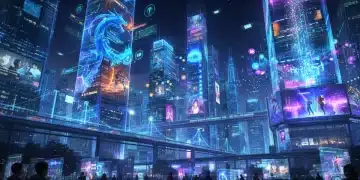 Futuristic cityscape with holographic digital entertainment, symbolizing robust US digital entertainment growth for Q1 2026.