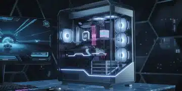 Futuristic gaming PC with glowing components and visible SSD and NVMe storage devices, highlighting advanced technology.