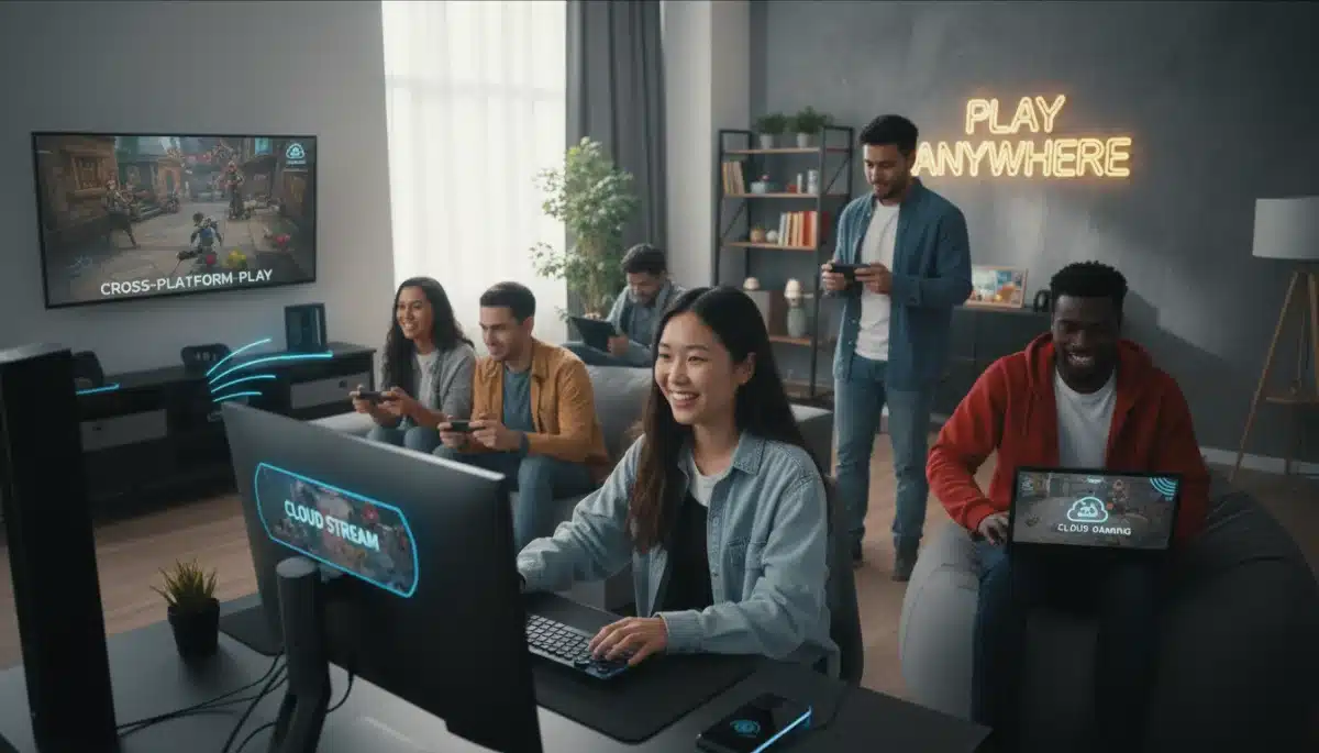 Diverse gamers enjoying cloud gaming on multiple devices