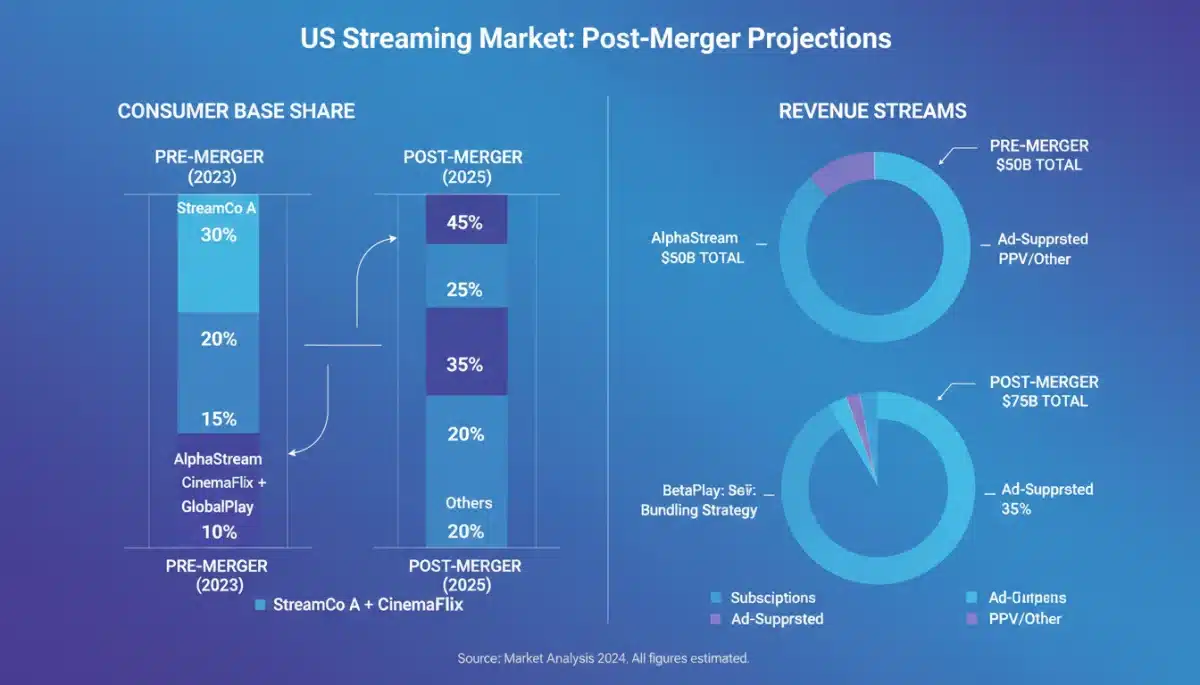 Infographic showing projected market share shifts post-streaming mergers in US.