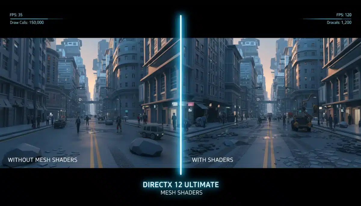 Comparison of game graphics with and without Mesh Shaders in DirectX 12 Ultimate