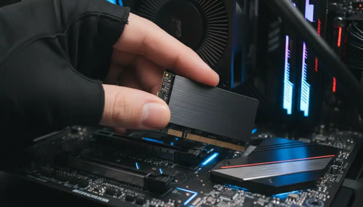 Close-up of a gamer installing an NVMe SSD into a motherboard's M.2 slot, emphasizing ease of installation and modern PC building.