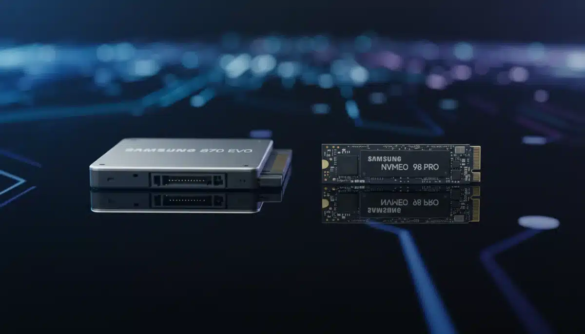 Visual comparison of a 2.5-inch SATA SSD and a compact M.2 NVMe SSD, highlighting the evolution in storage form factors.