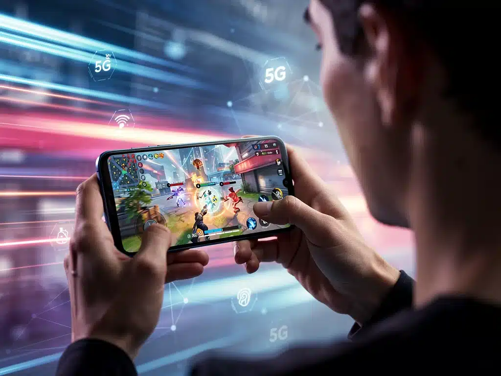 Mobile gamer enjoying seamless cloud gaming via 5G network