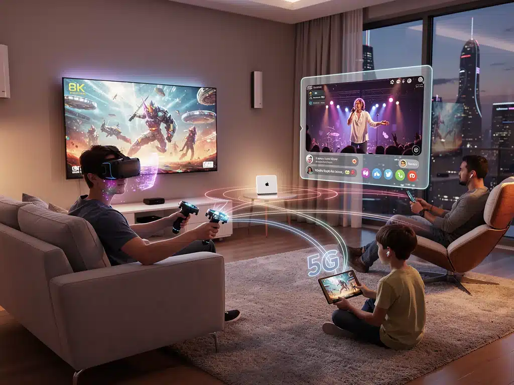 Family enjoying diverse 8K streaming and VR entertainment on 5G