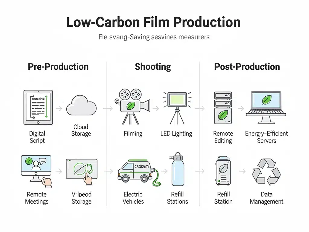 Infographic showing carbon reduction strategies in film production stages.