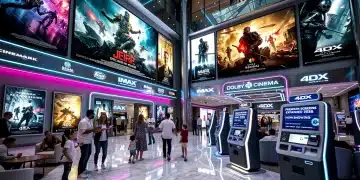 Futuristic cinema lobby with premium screen entrance, reflecting increased premium format screen investment by US chains. The Future of Theatrical Release