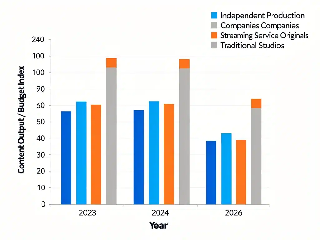 Bar chart showing growth of independent production and streaming content budgets versus traditional studios.