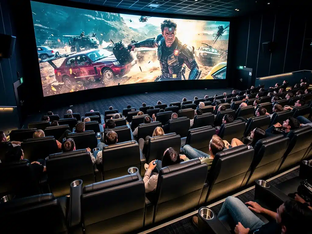 Inside a premium large format cinema with audience enjoying a high-definition movie.