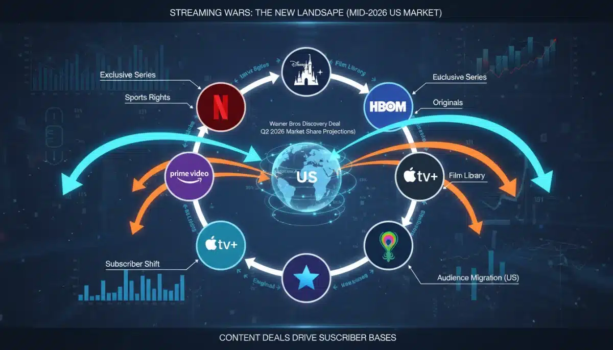 Streaming platform icons converging, illustrating exclusive content flow and market share shifts.