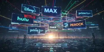 Dynamic graphic illustrating streaming service logos intertwined with data streams, symbolizing intensified competition and new content deals reshaping the US subscription landscape.
