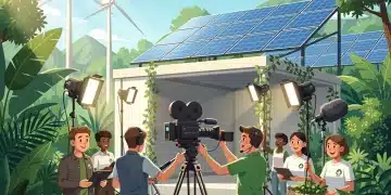 Sustainable film production set with green energy and diverse crew.