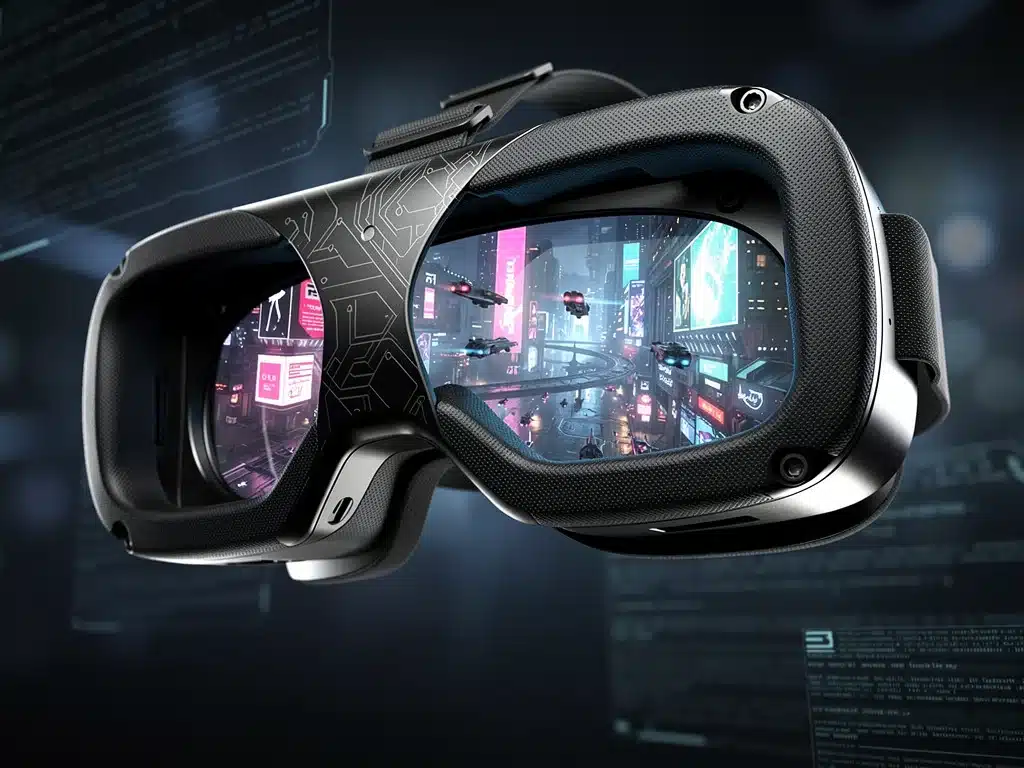 Player wearing advanced virtual reality headset, immersed in a hyper-realistic game.
