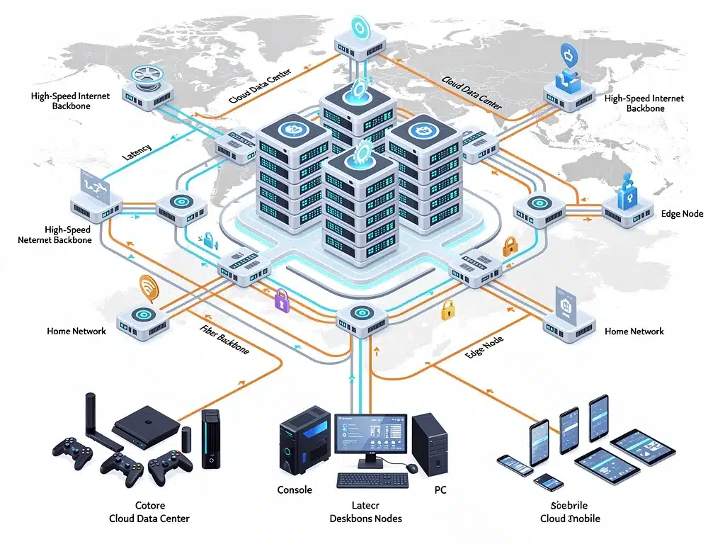 Cloud gaming infrastructure network diagram showing data flow