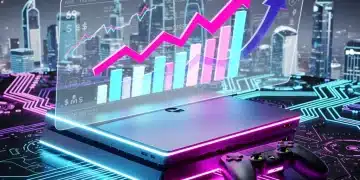 Futuristic gaming console with financial projections, symbolizing the $65 billion US market impact by 2026.