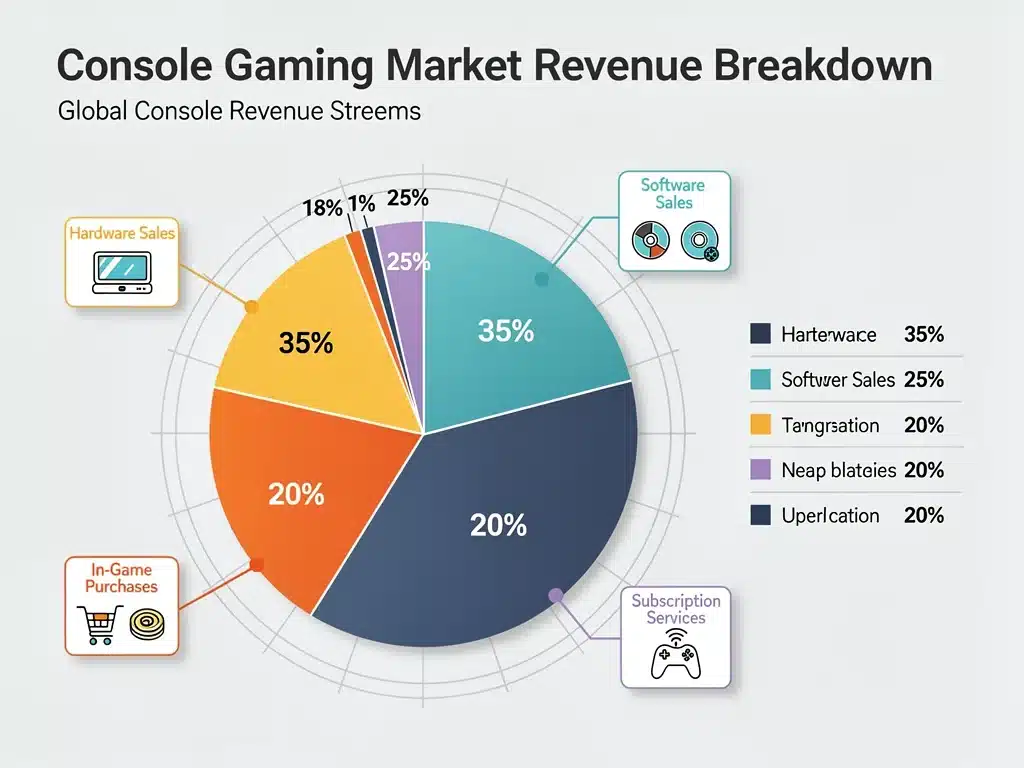 Infographic detailing console gaming revenue streams: hardware, software, in-game purchases, and subscriptions.