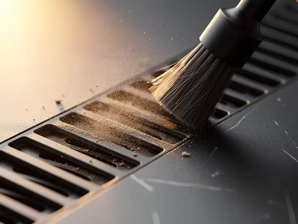 Close-up of console ventilation being cleaned with a fine brush to remove dust.