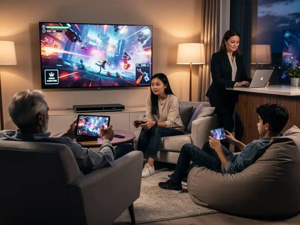 Diverse gamers enjoying cloud gaming on multiple devices
