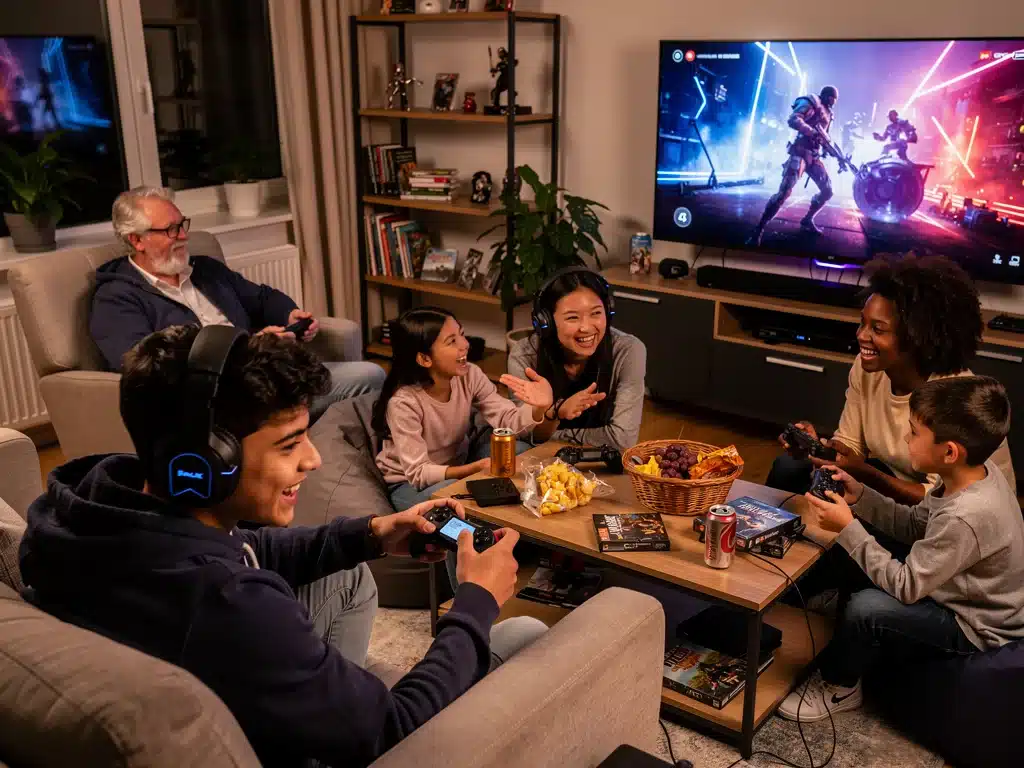 Diverse group of gamers of all ages enjoying various console games together in a social setting.
