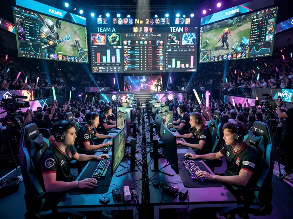 Esports players collaborating in a competitive online multiplayer gaming event.