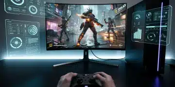 Futuristic gaming setup with advanced console settings interface