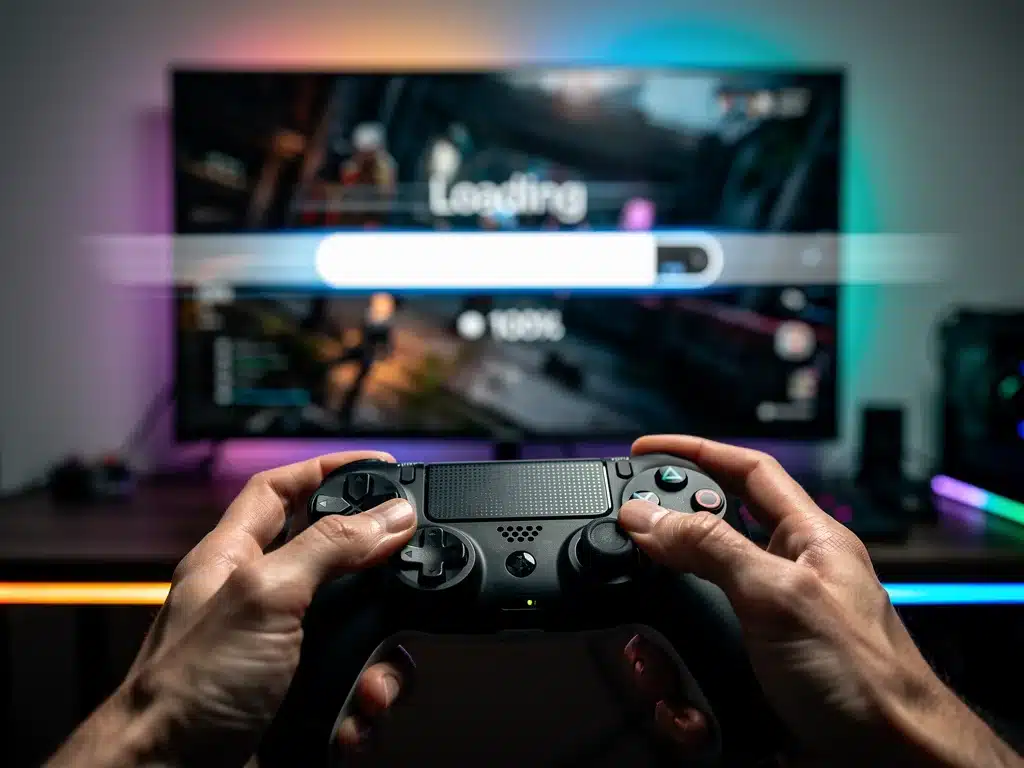 Gamer's hands holding a controller, focused on a rapidly progressing game loading bar on a screen.