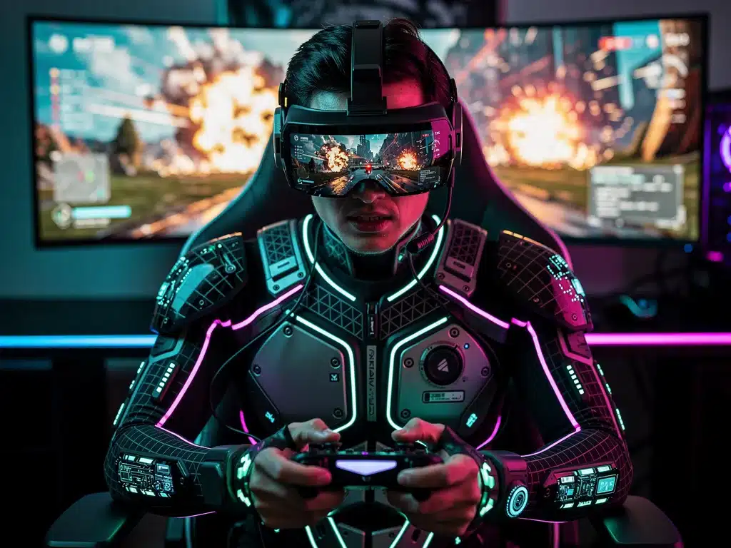 Gamer experiencing enhanced tactile immersion with haptic feedback suit.